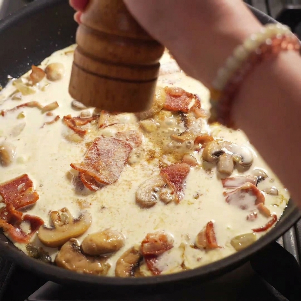 Schwarzer Pfeffer wird direkt über die cremige Sauce gemahlen.