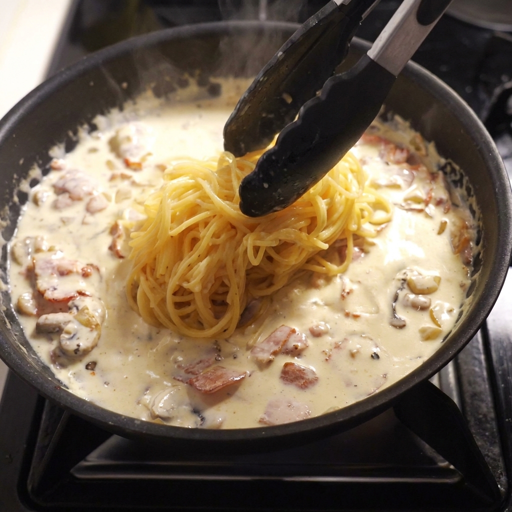 Spaghetti werden mit einer Zange aus einem Topf in die Pfanne mit der Sauce umgefüllt.