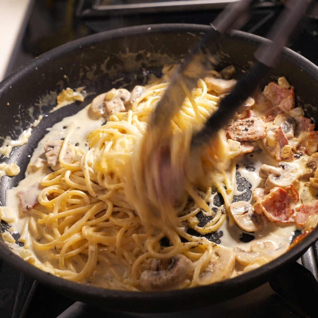 Spaghetti werden mit einer Zange in der cremigen Sauce gewendet.
