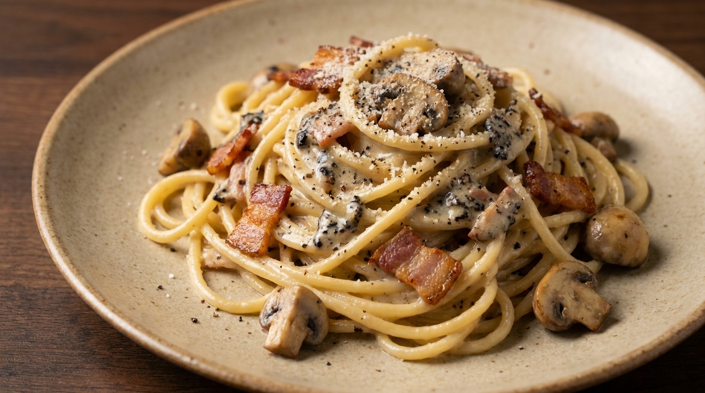 Cremige schwarze Trüffel-Pasta mit Speck und Pilzen