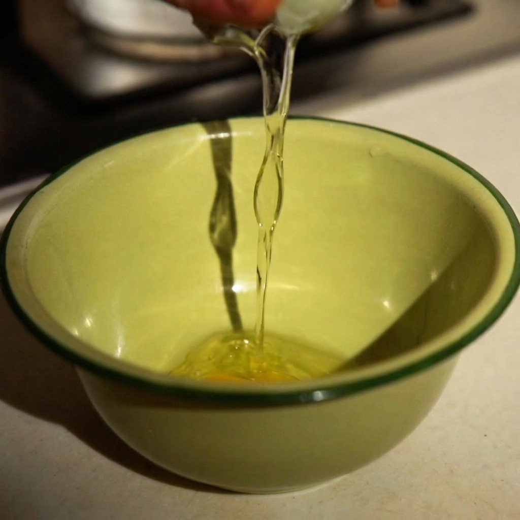 Ein Ei, Parmesan und schwarze Trüffelsauce werden in einer hellgrünen Schüssel vermischt.