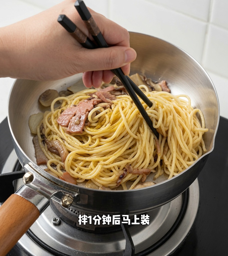 Spaghetti mit schwarzem Trüffel werden in einer Pfanne mit Stäbchen durchgeschwenkt.