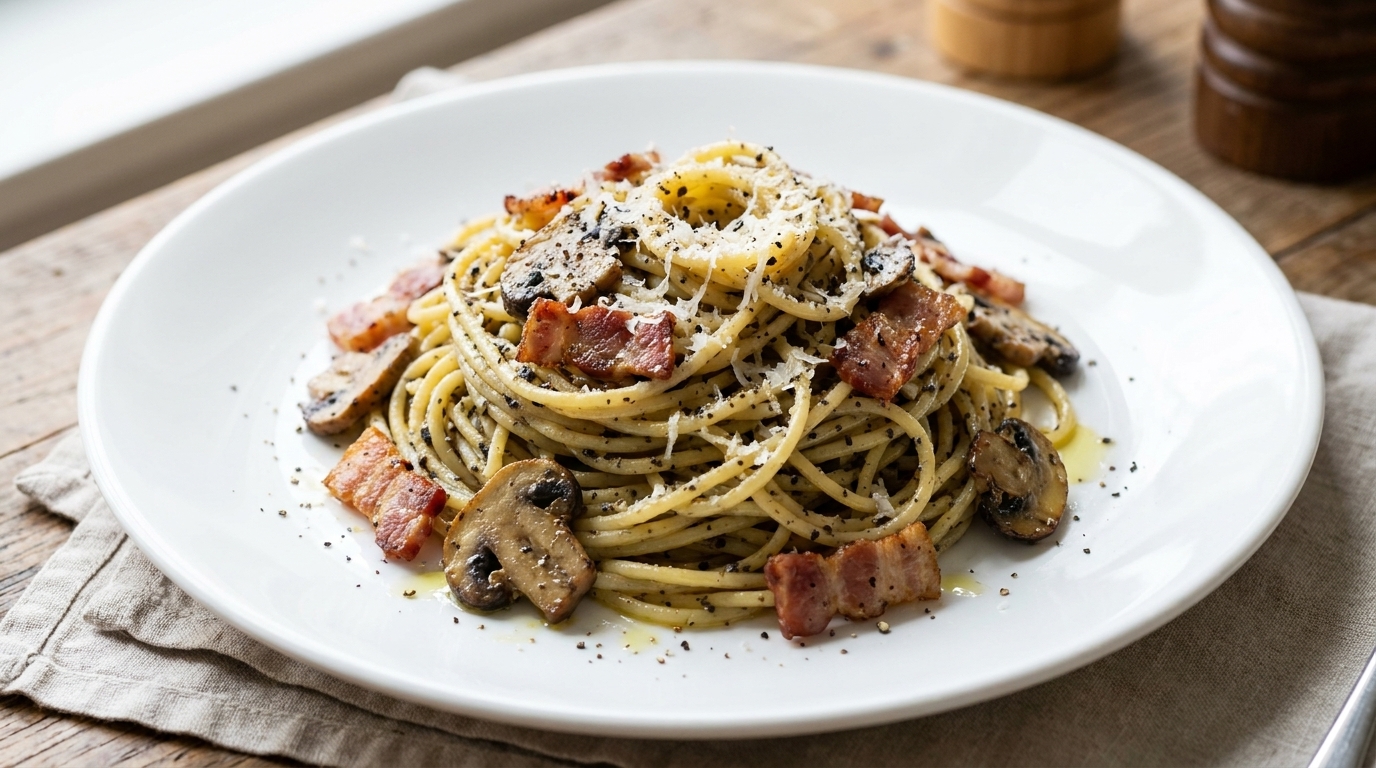 Gourmet-Spaghetti mit schwarzem Trüffel, Speck und Pilzen
