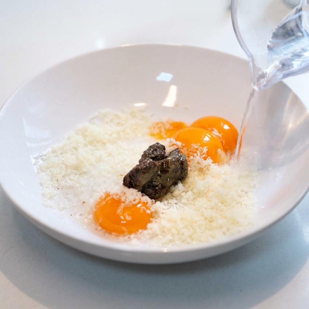 Wasser wird in eine Schüssel mit Eigelben, geriebenem Käse und schwarzer Trüffelsauce gegossen.