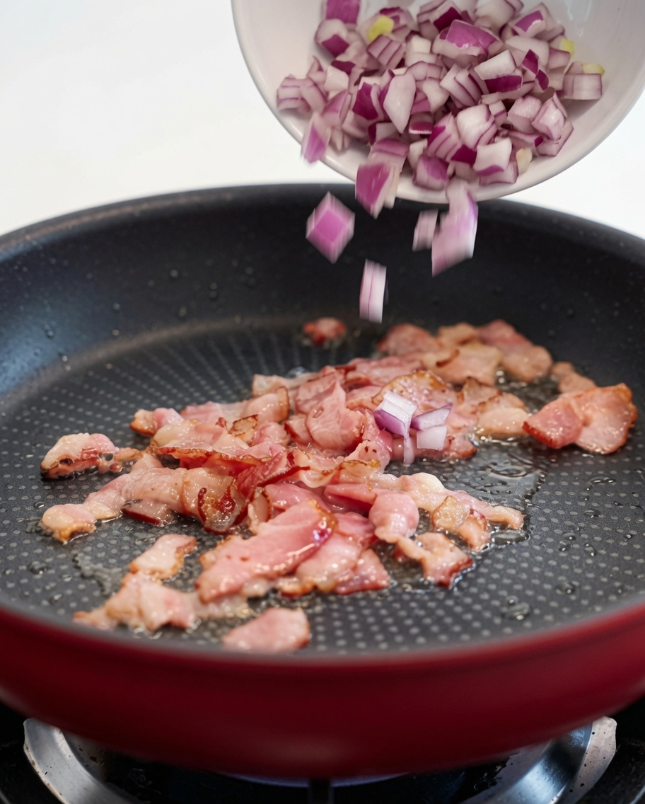 Gehackte rote Zwiebeln werden in eine heiße Pfanne mit knusprigem Speck gegeben.