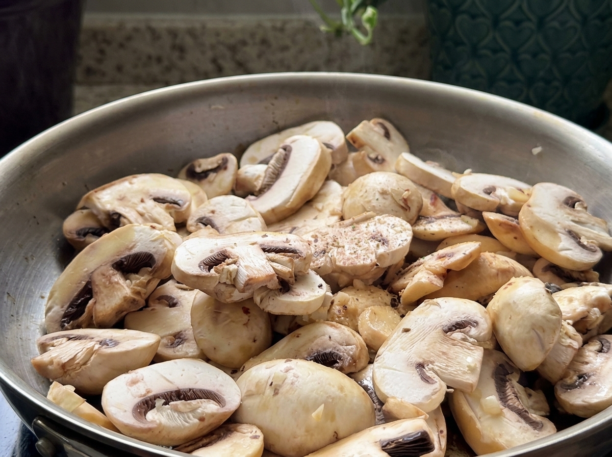 Geschnittene Pilze und gehackter Knoblauch garen zusammen in einer Edelstahlpfanne.