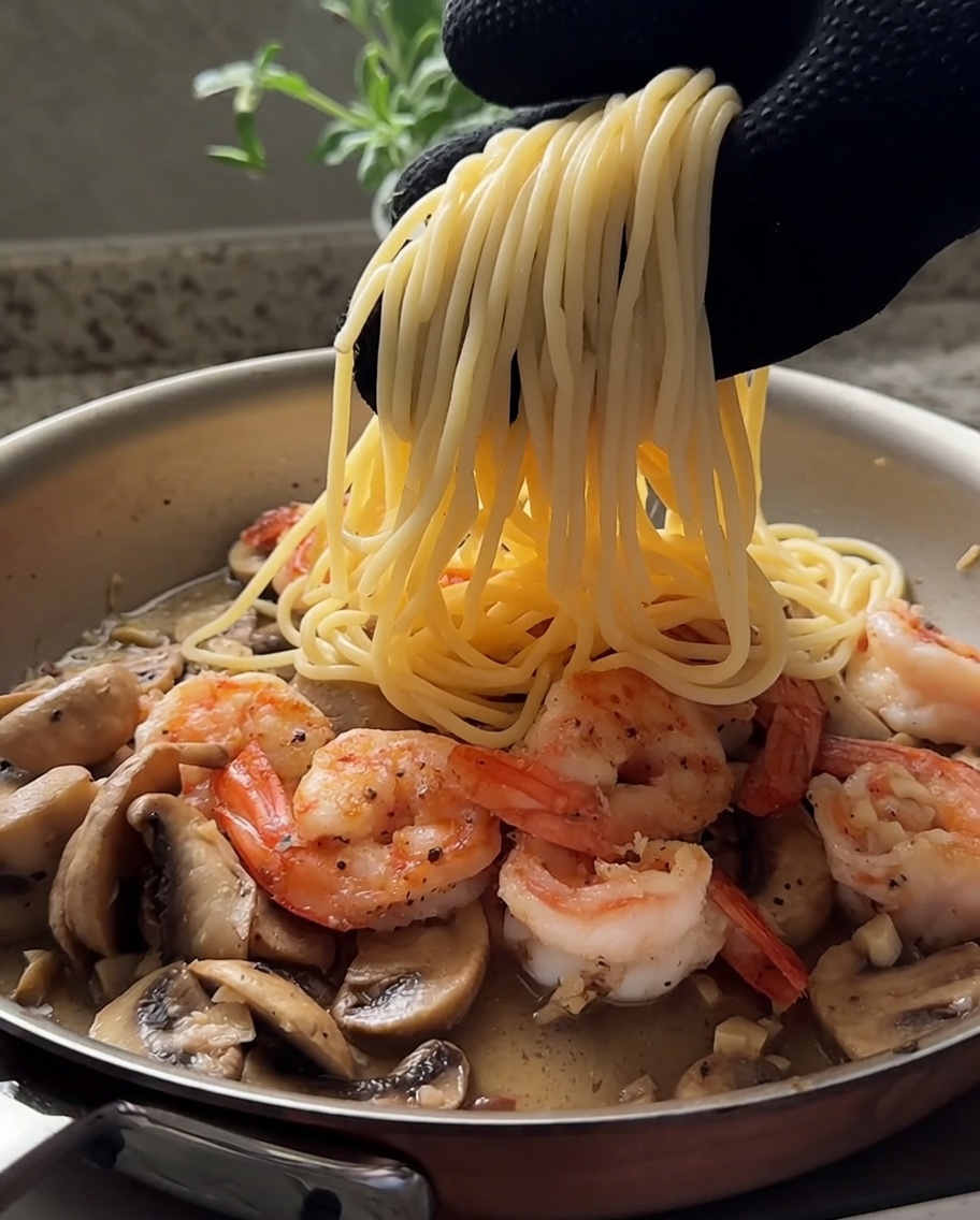 Spaghetti werden in einer Pfanne mit gebratenen Garnelen und sautierten Pilzen geschwenkt.