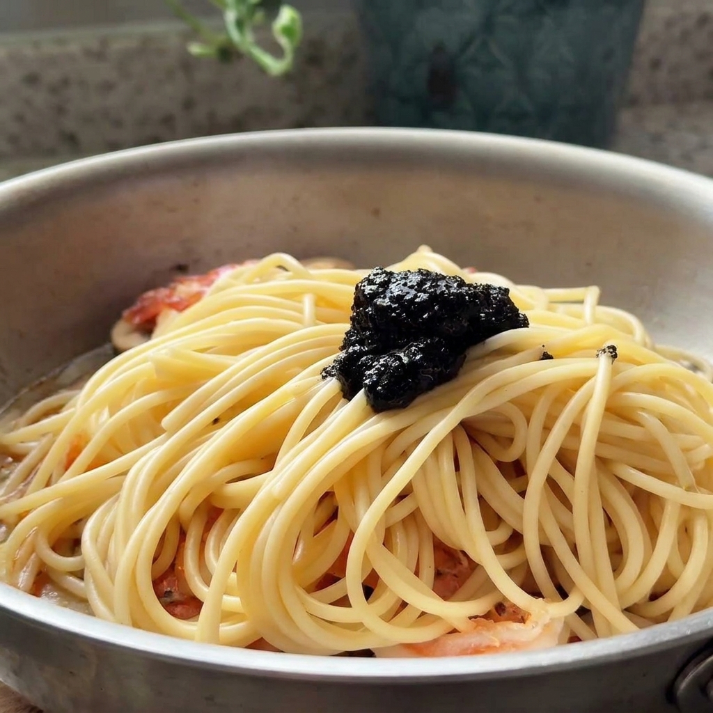 Ein Löffel schwarze Trüffelpaste ruht auf den gekochten Spaghetti und Garnelen in der Pfanne.
