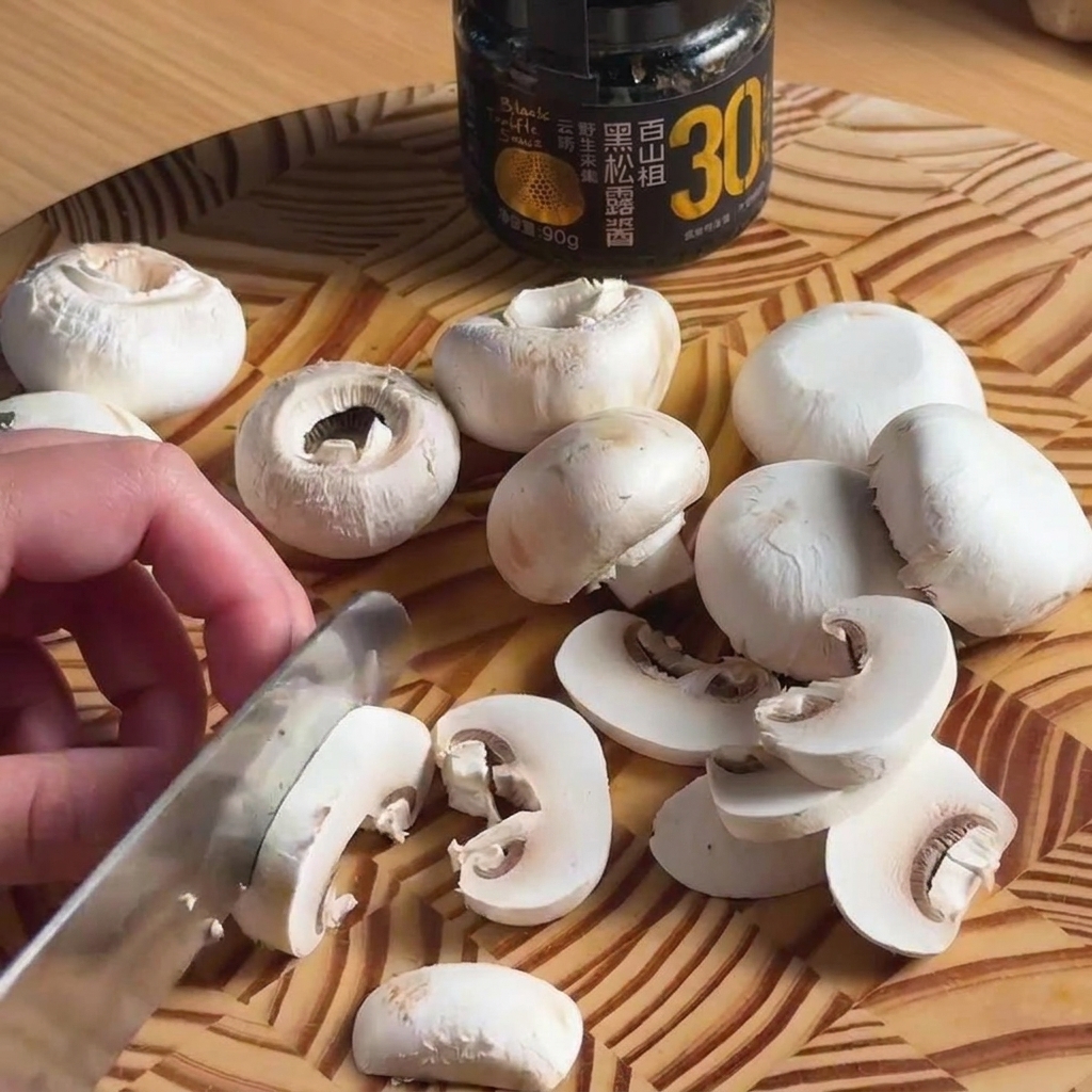 Dünne Streifen von frischem Rindfleisch werden auf einem Holzbrett geschnitten.