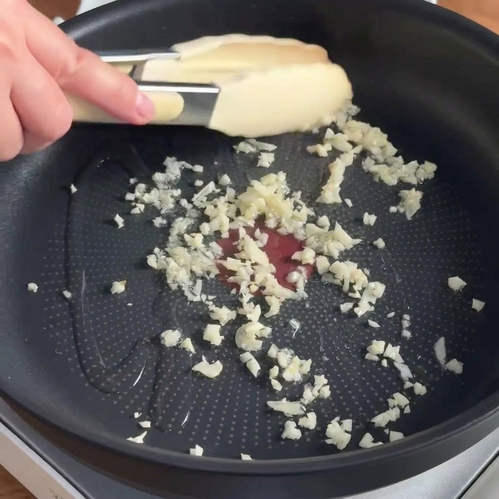 Gehackter Knoblauch brutzelt in Öl in einer beschichteten Pfanne.