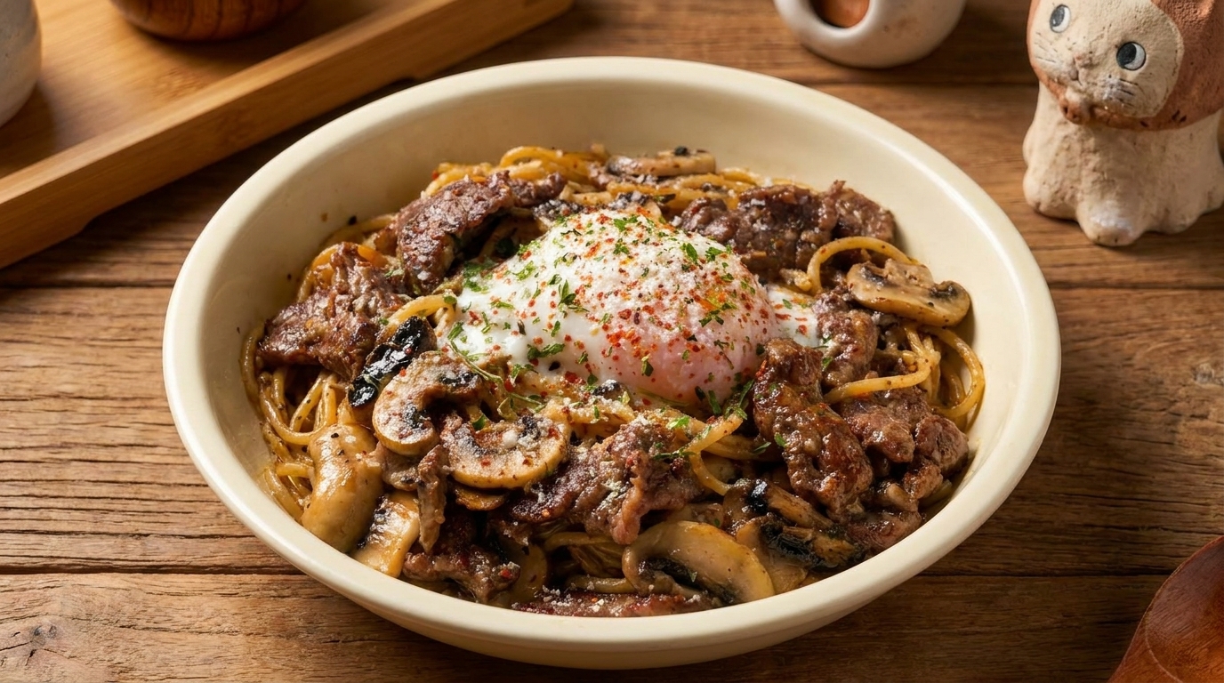Trüffel-Rinderpasta mit Onsen-Ei