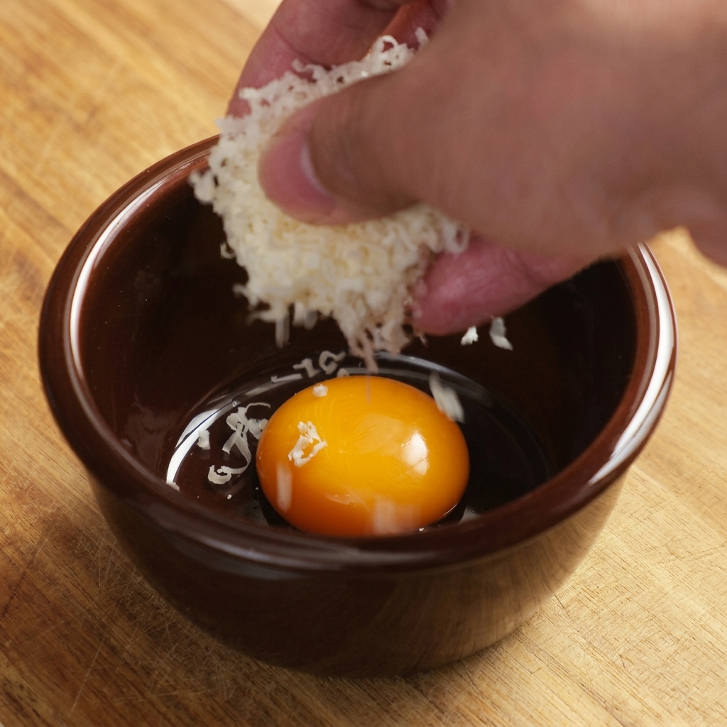 Eine Mischung aus Eigelb, Parmesan und Trüffelsauce in einer braunen Schale.