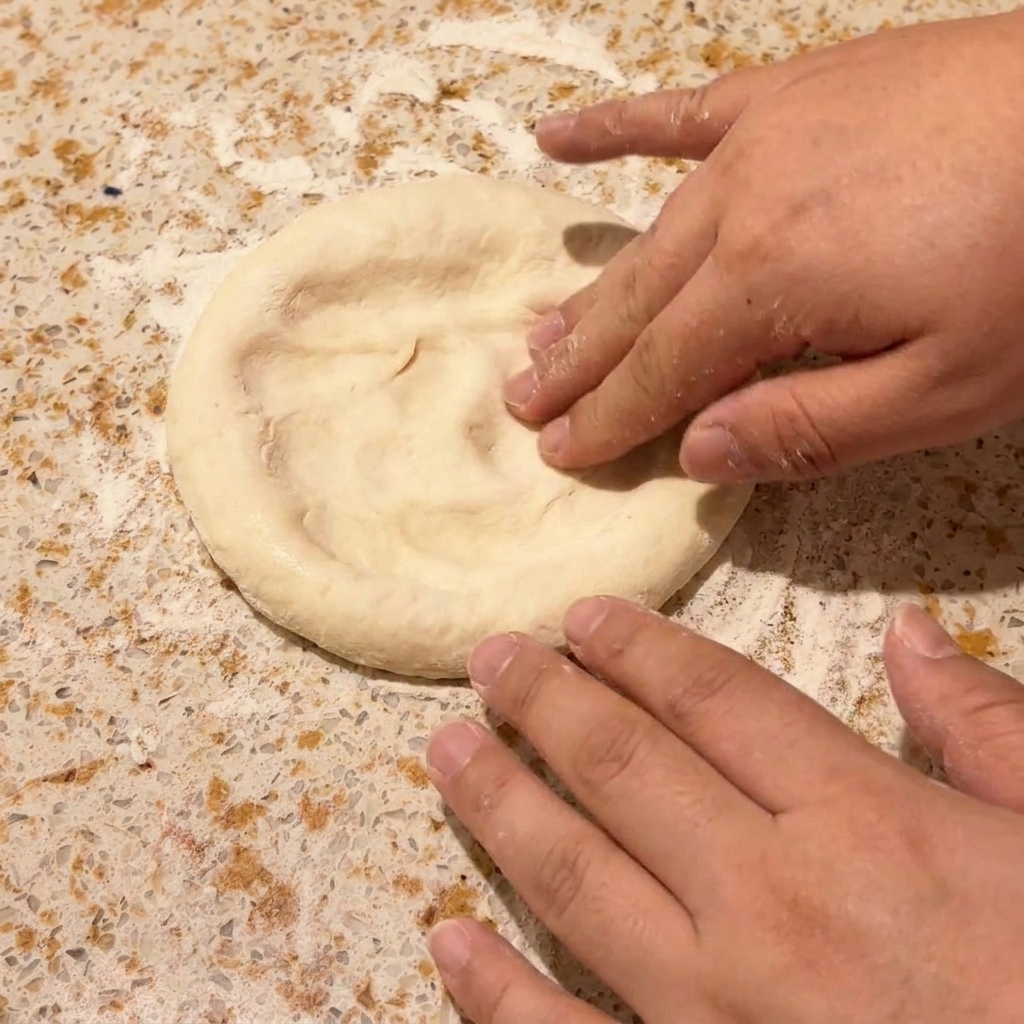 Hände drücken eine Teigkugel zu einem Pizzaboden flach.