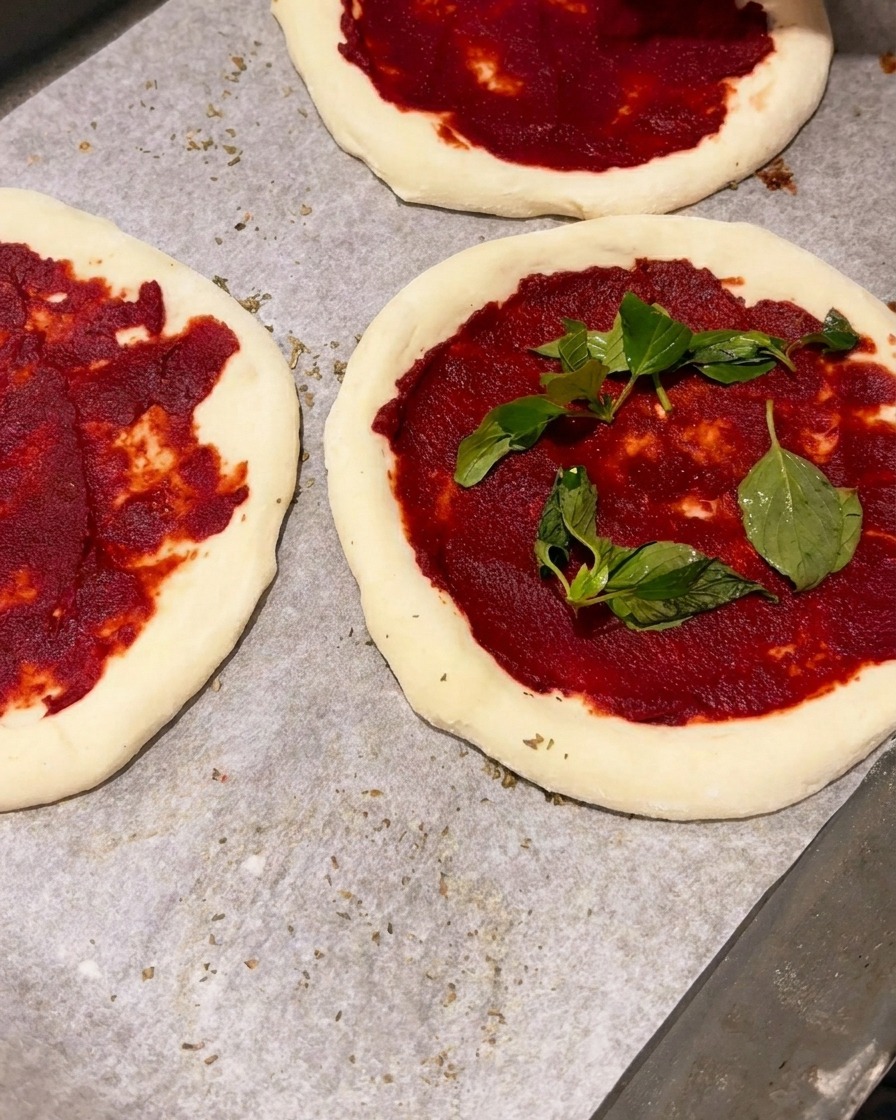 Pizzateig mit Tomatenmark und Basilikumblättern.