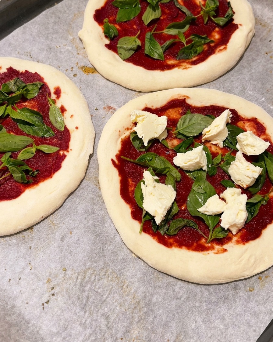 Mozzarellastücke auf der Pizza.