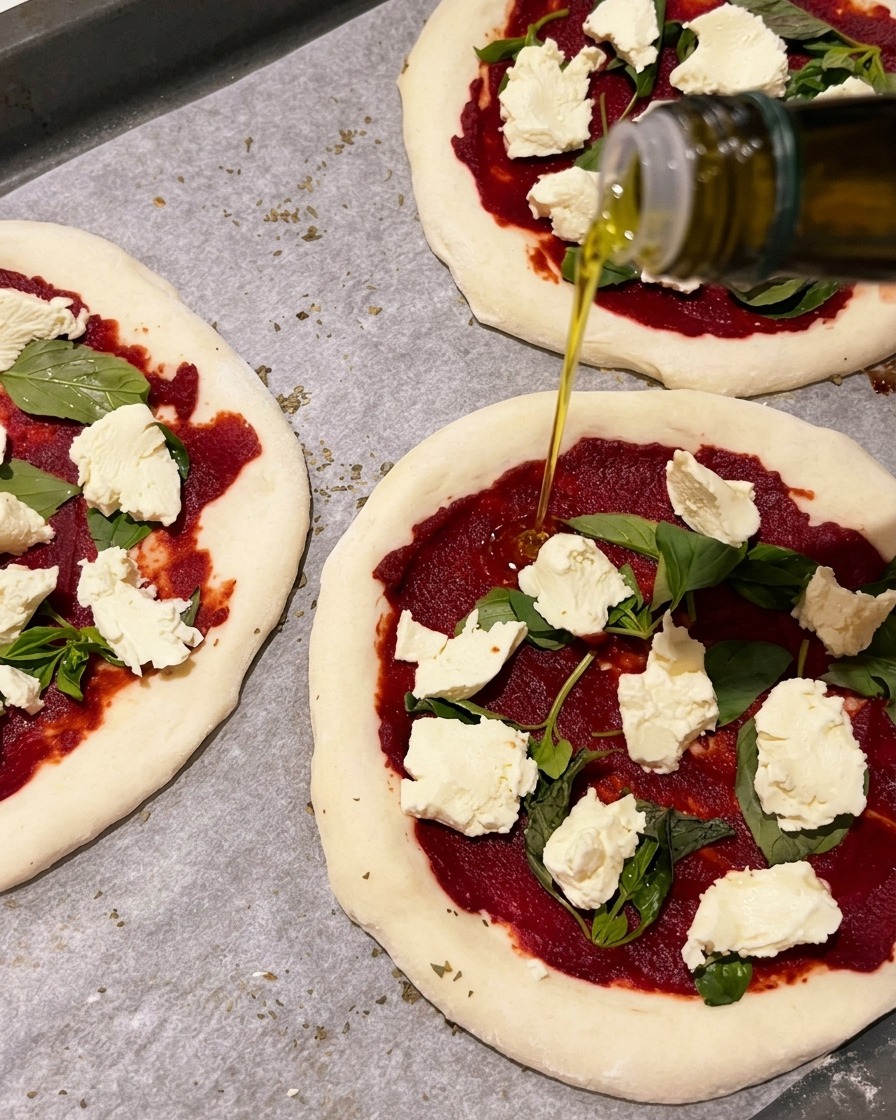 Olivenöl wird über die belegte Pizza geträufelt.