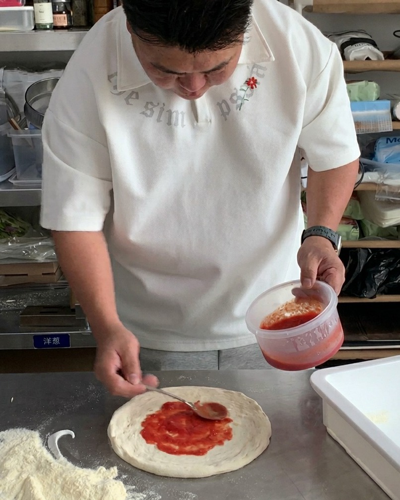 Ein Löffel leuchtend roter Tomatensauce wird gleichmäßig auf dem rohen Pizzaboden verteilt.