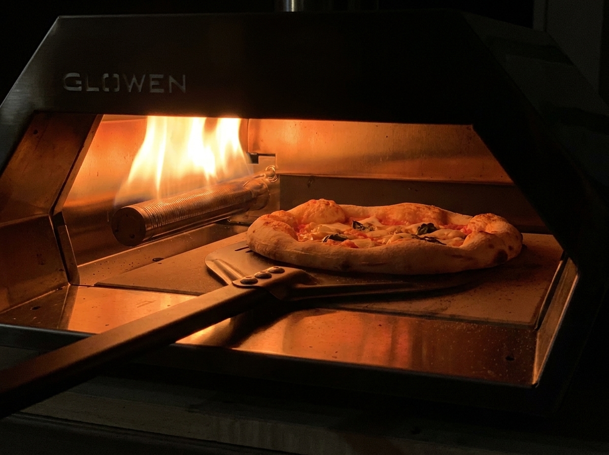 Ein Pizzaschieber dreht eine halbgebackene Pizza in einem Gasofen, damit sie in der Nähe der Flammen gleichmäßig bräunt.