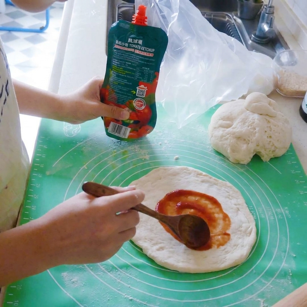 Tomatensoße wird mit einem Holzlöffel auf dem Pizzateig verteilt.