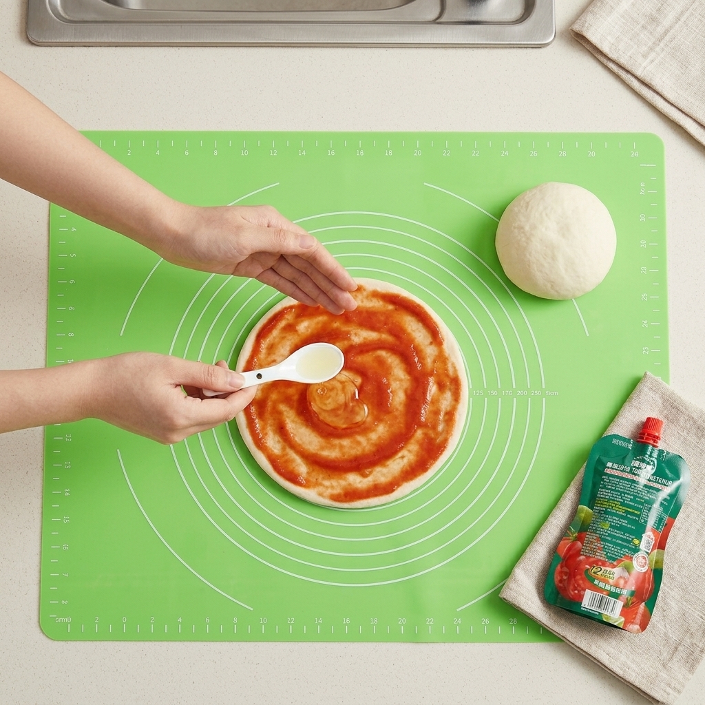 Ein Löffel Öl wird über die gewürzte Pizzabasis geträufelt.