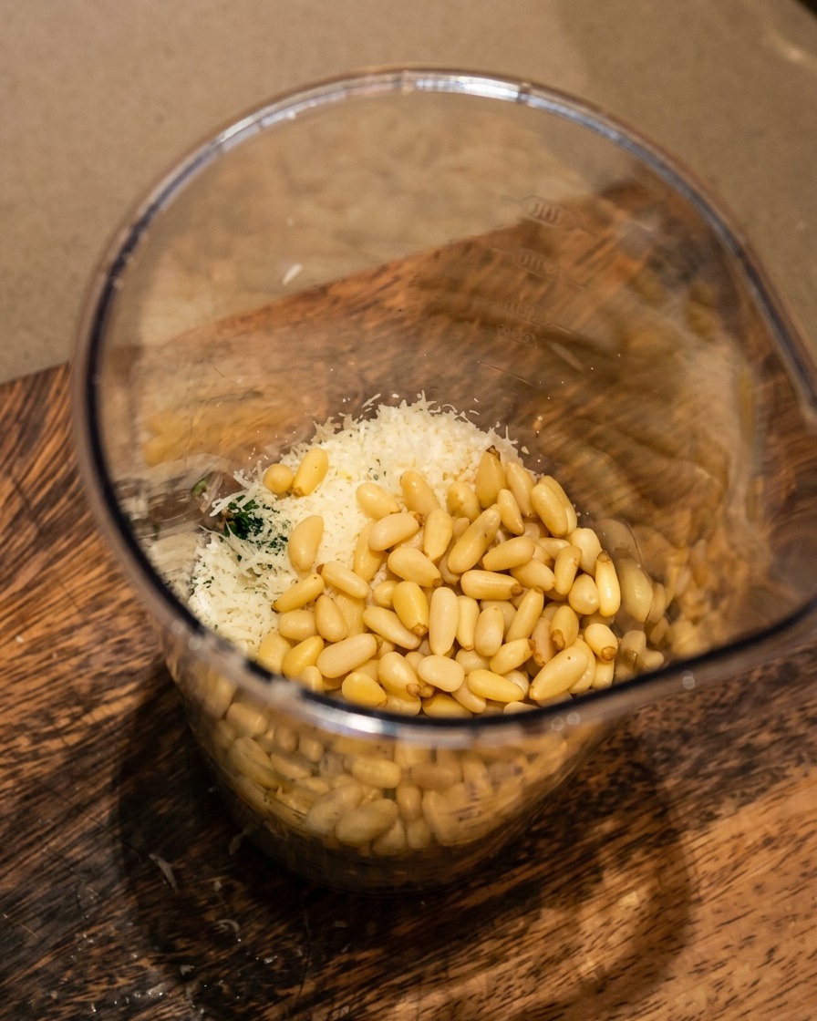 Ein Mixbehälter gefüllt mit Pesto-Zutaten, bereit zum Mixen.
