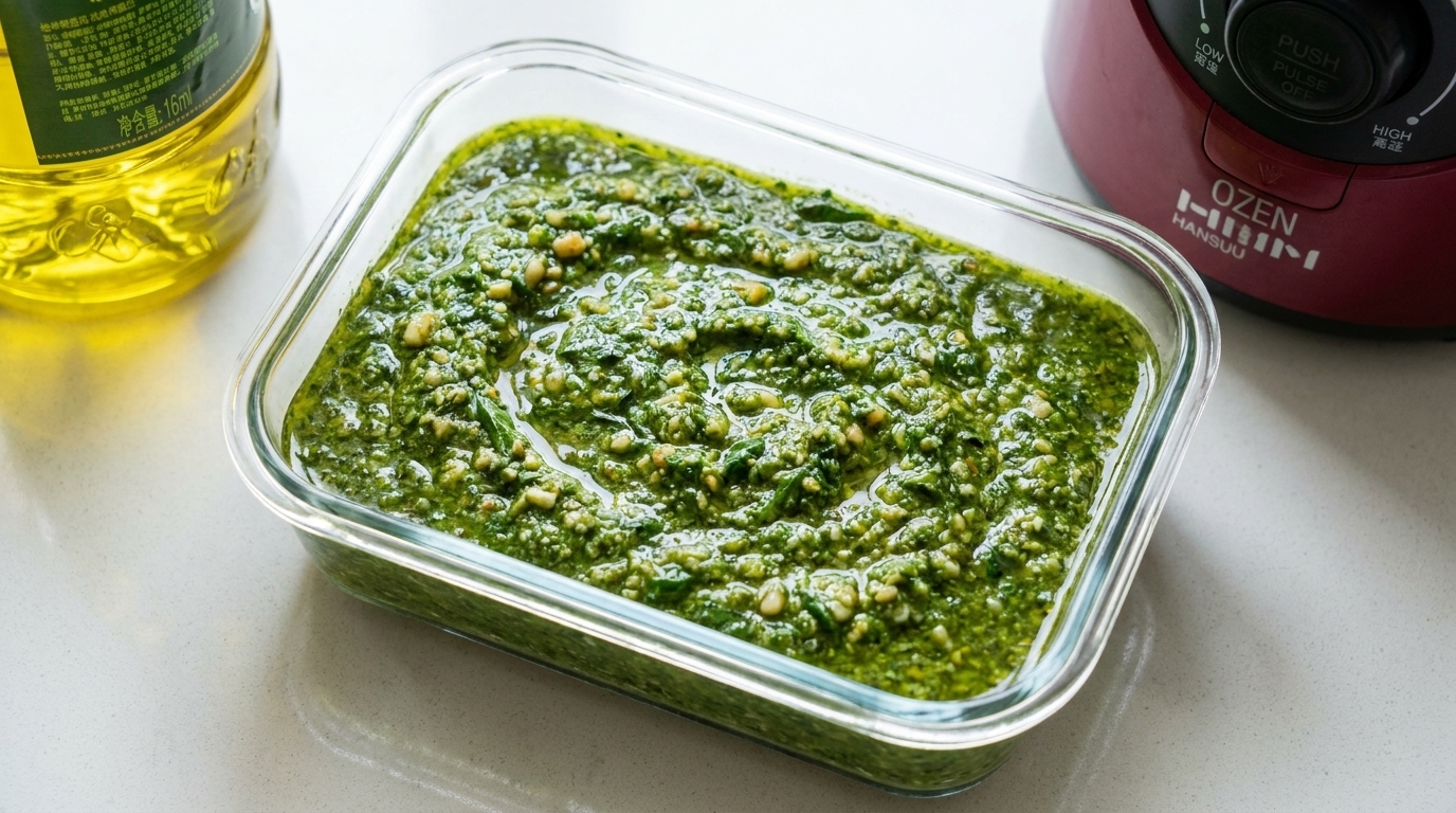Ein Glas mit frisch zubereitetem, leuchtend grünem Basilikum-Pesto.