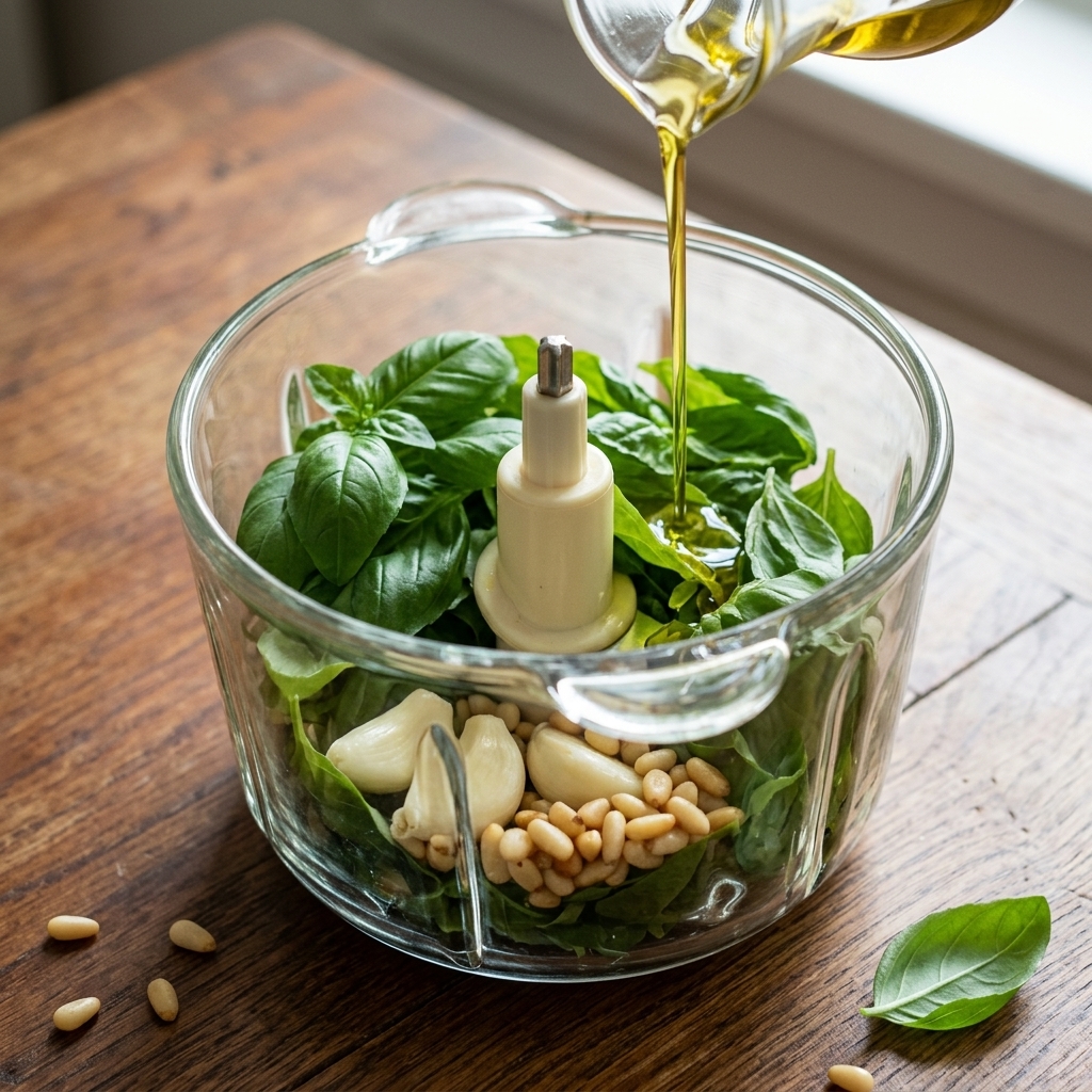 Frisches Basilikum, Knoblauch und Pinienkerne in einem Mixer, während von oben Olivenöl hinzugegossen wird.