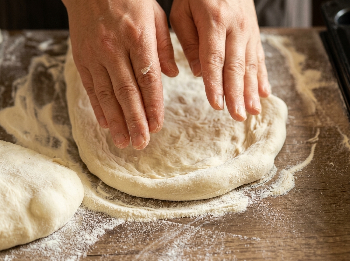 Zwei Hände dehnen und formen ein Stück Pizzateig auf einem Holzbrett behutsam zu einem runden Fladen.