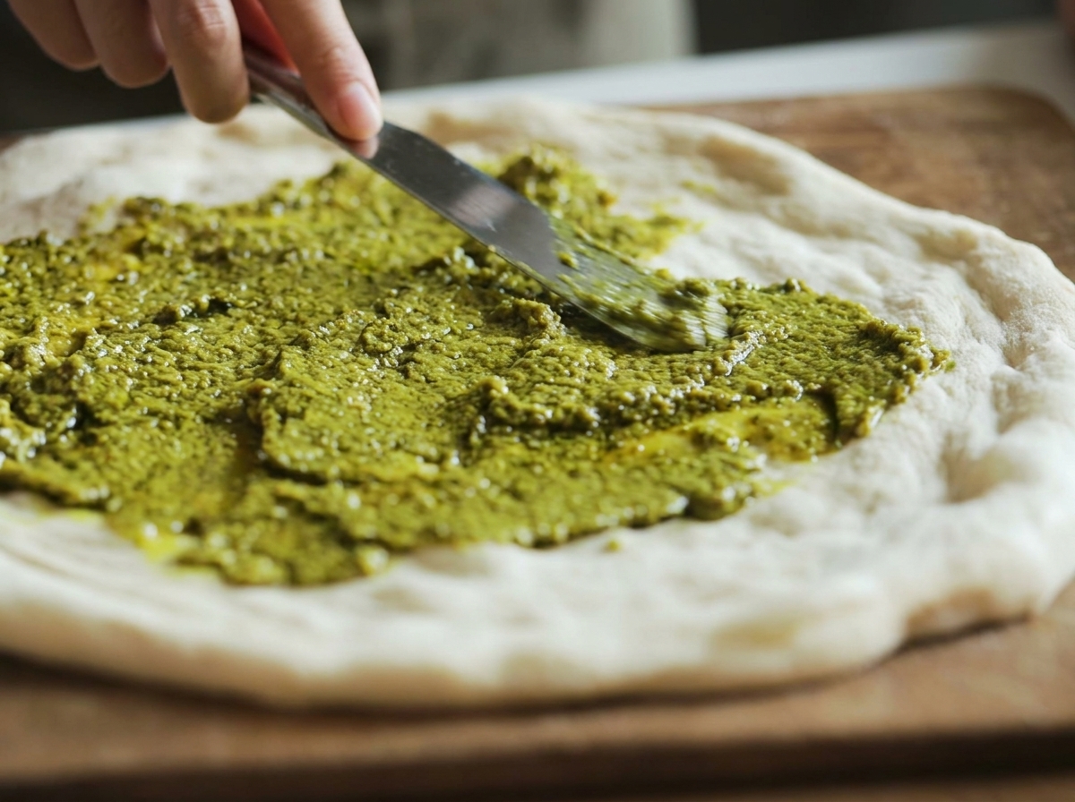 Eine Hand verstreicht mit einem Spatel leuchtend grünes Pesto auf dem rohen Pizzateig.