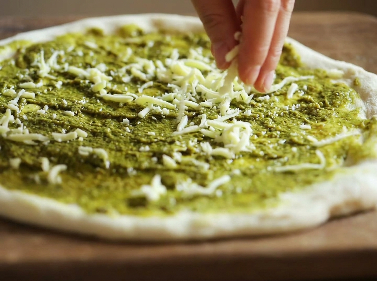 Finger streuen geriebenen weißen Mozzarella über die mit Pesto bestrichene Pizza.