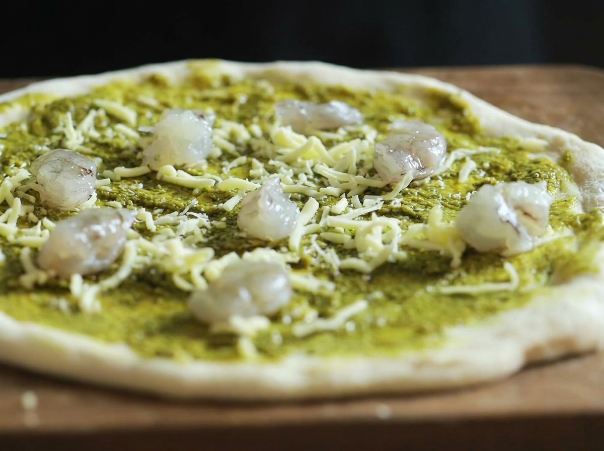 Der Pizzaboden mit grünem Pesto und geriebenem Mozzarella, belegt mit rohen Garnelen.