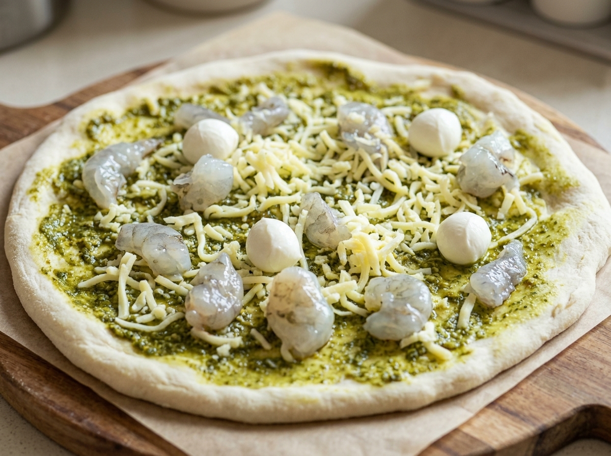 Die fertig belegte Pizza mit Pesto, Garnelen, geriebenem Käse und frischen Mozzarellakugeln, bereit für den Ofen.