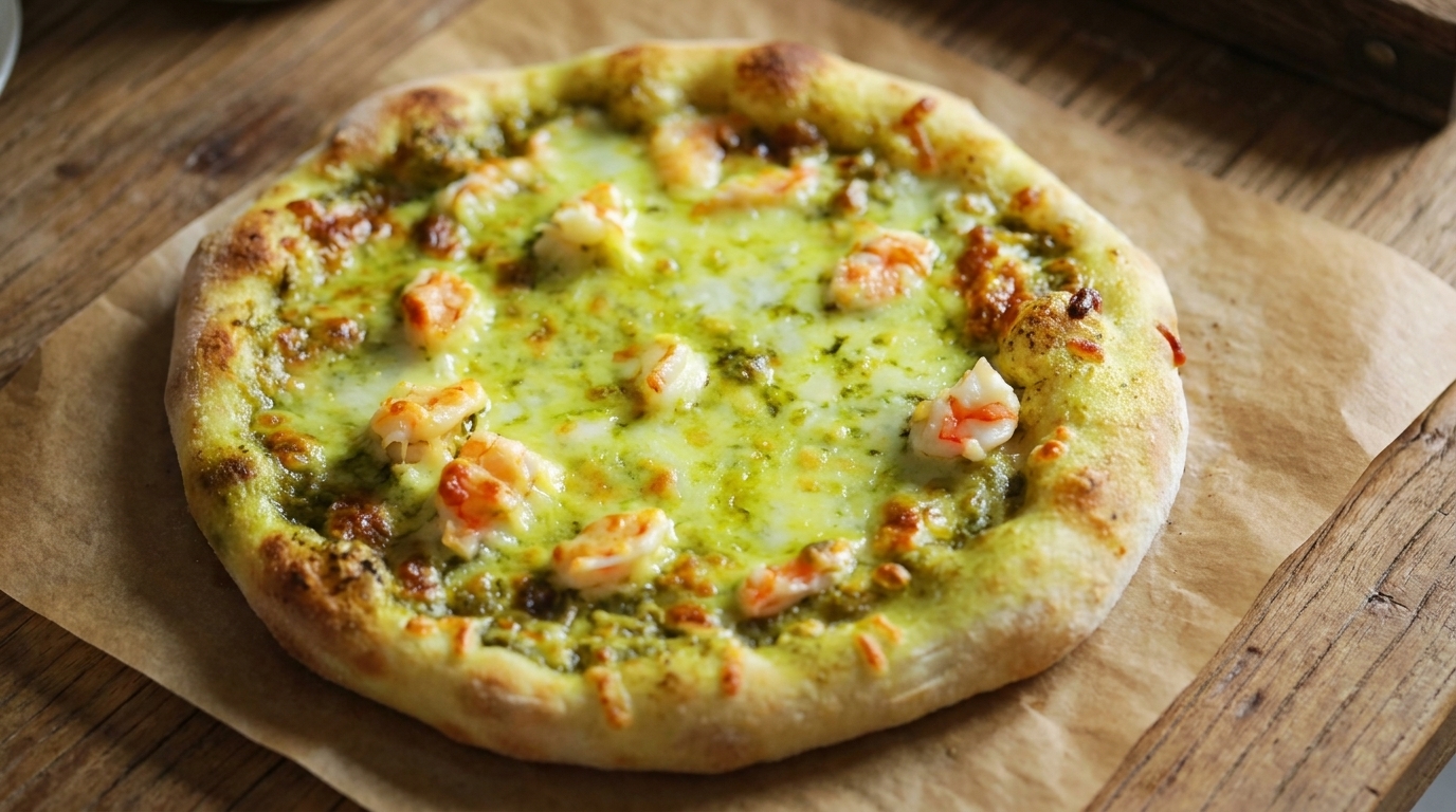 Garnelen-Pizza mit Basilikum-Pesto