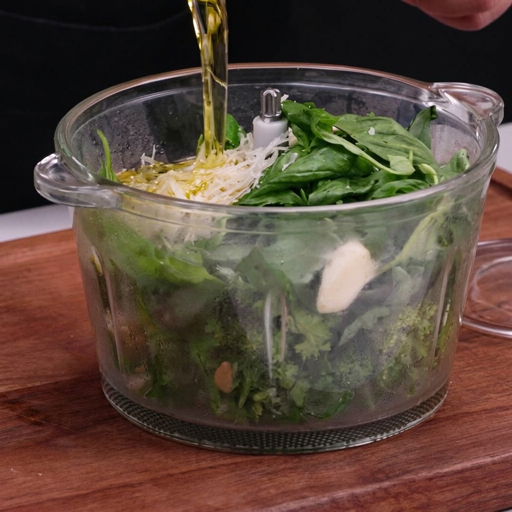 Hausgemachtes grünes Pesto, das zu einer glatten Paste verarbeitet wird.