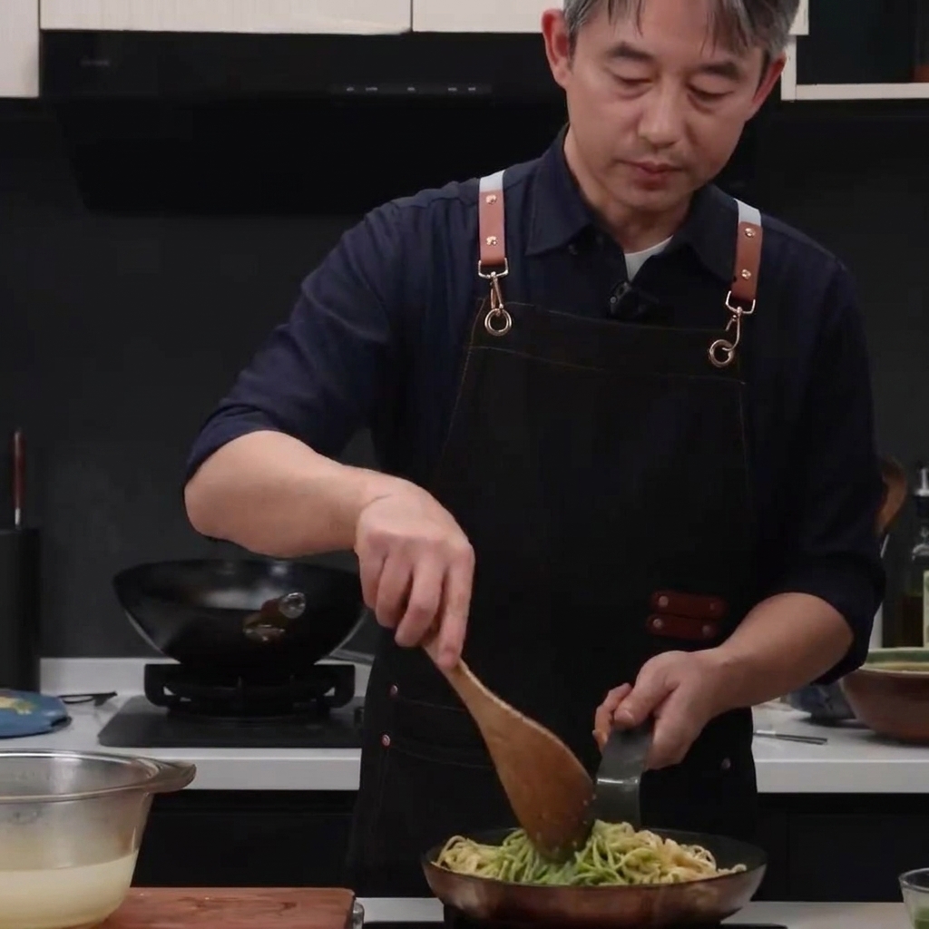 Pasta und Pesto werden mit einem Pfannenwender vermischt.