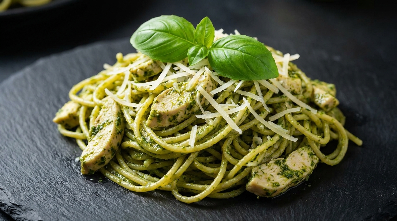 Pesto-Spaghetti mit Hähnchen