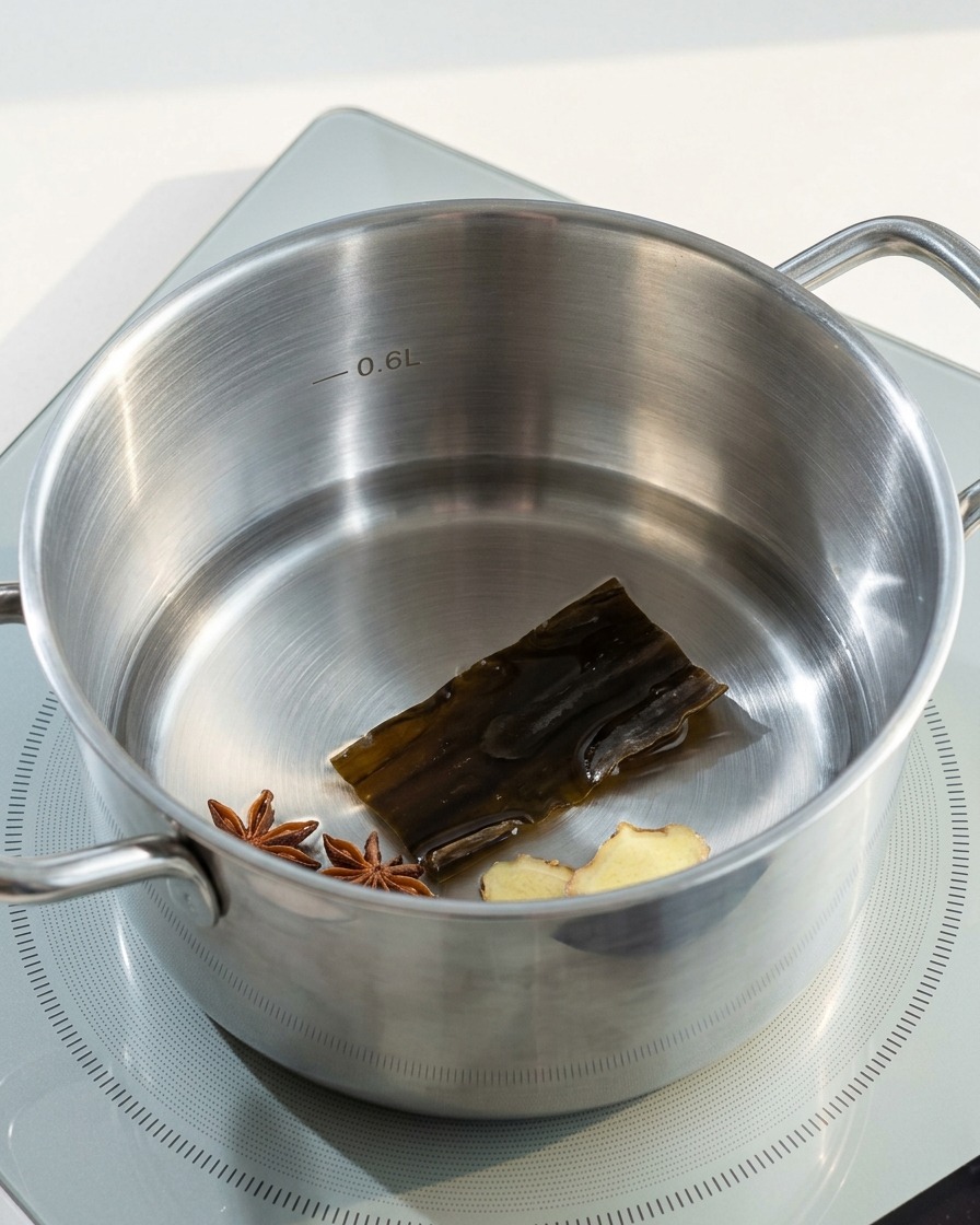 Ein Stück Kombu-Alge weicht in einem Topf mit Wasser ein.