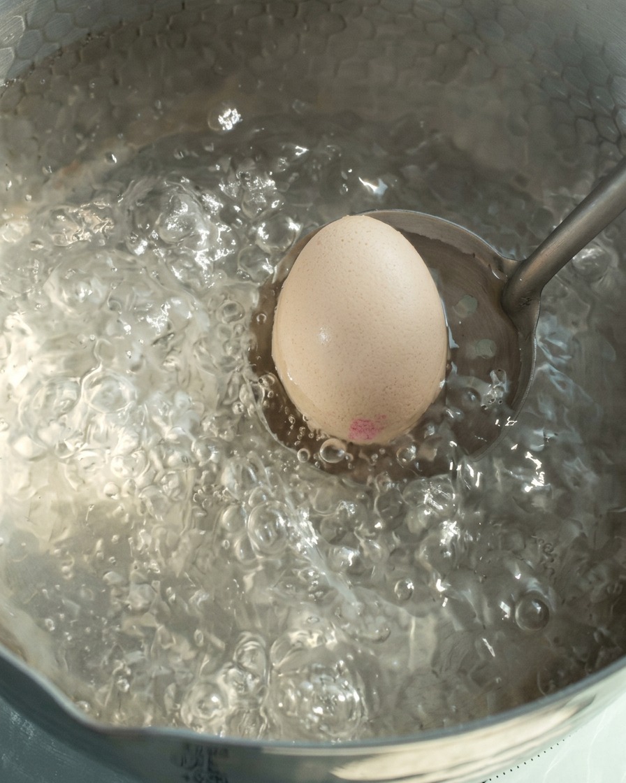 Ein rohes Ei wird vorsichtig mit einer Schöpfkelle in kochendes Wasser gelassen.