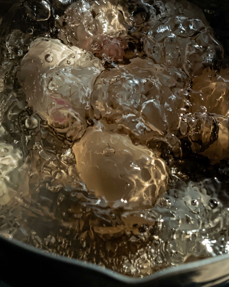 Gekochte Eier kühlen in einer Schüssel mit Eiswasser ab.