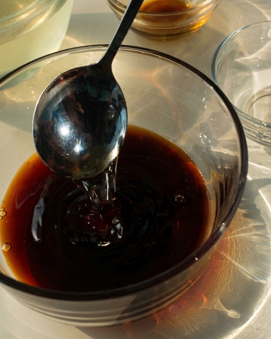 Eine dunkle Sojasaucen-Marinade wird in einer Glasschüssel verrührt.
