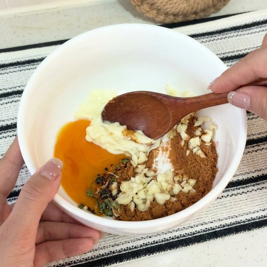 Gehackter Knoblauch, ein rohes Eigelb, Gewürzpulver und Mayonnaise liegen zusammen in einer weißen Schüssel, dazu ein Holzlöffel.