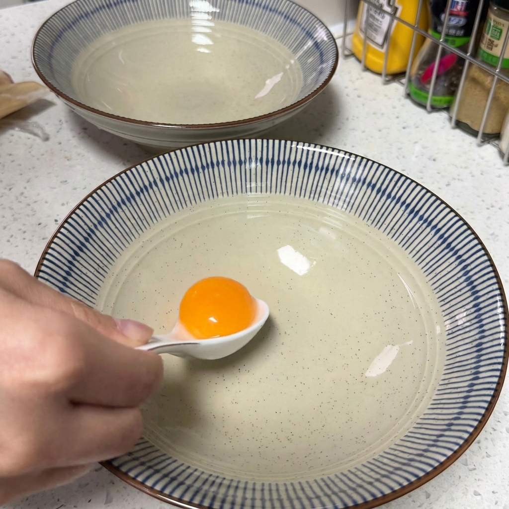 Ein einzelnes, leuchtend rohes Eigelb in einer sauberen Keramikschüssel.