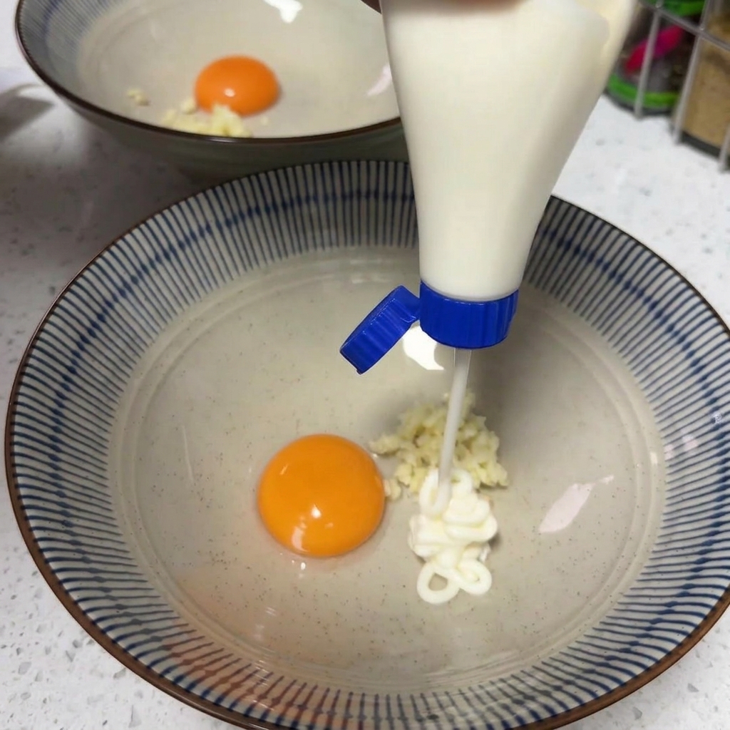 Instant-Nudelgewürz wird aus einem Tütchen in eine Schüssel mit rohem Eigelb, Knoblauch und Mayonnaise gedrückt.