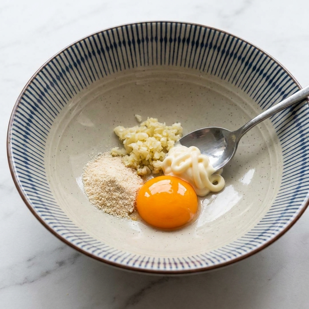 Ein Löffel vermischt Eigelb, Knoblauch, Mayonnaise und Gewürzpulver in einer Schüssel.