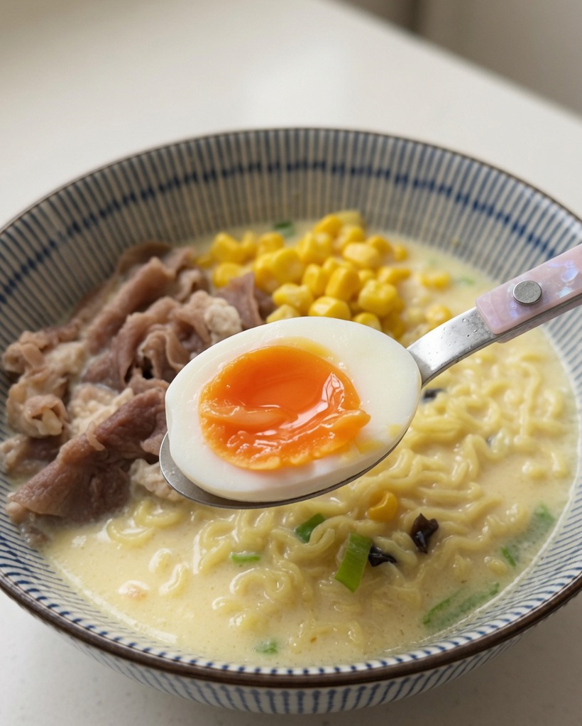 Halbierte weichgekochte Eier mit perfekt wachsweichem orangefarbenem Eigelb werden in eine Ramen-Schüssel platziert.