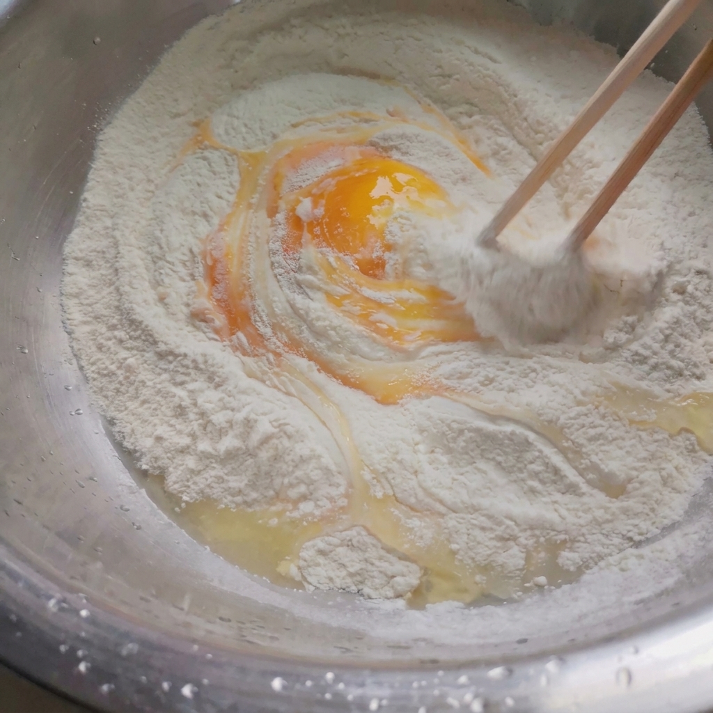 Ein rohes Ei wird mit einem Paar Holzstäbchen in eine große Schüssel mit Mehl gemischt.