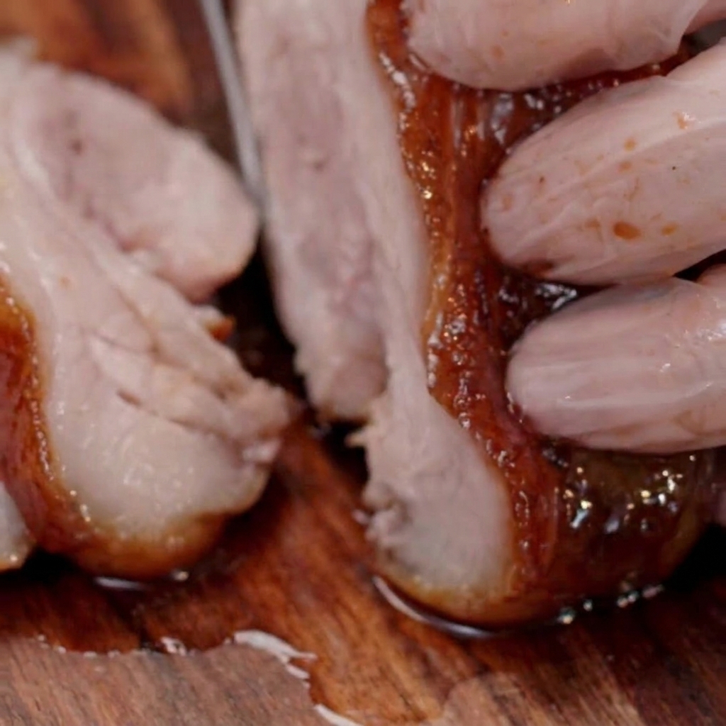Ein Stück Schweinebauch wird fest aufgerollt und mit Küchengarn umwickelt.
