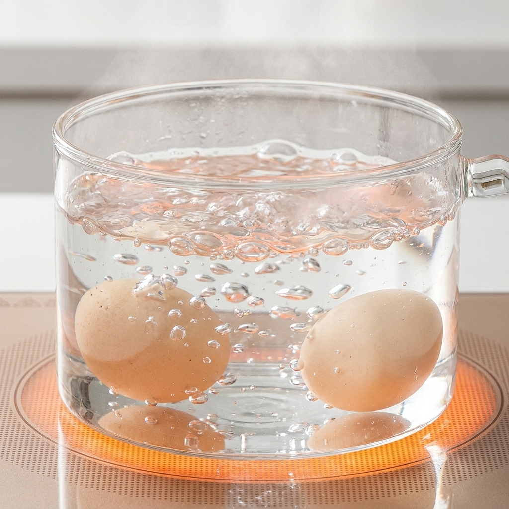Zwei Eier kochen in einem Topf mit Wasser auf dem Herd.