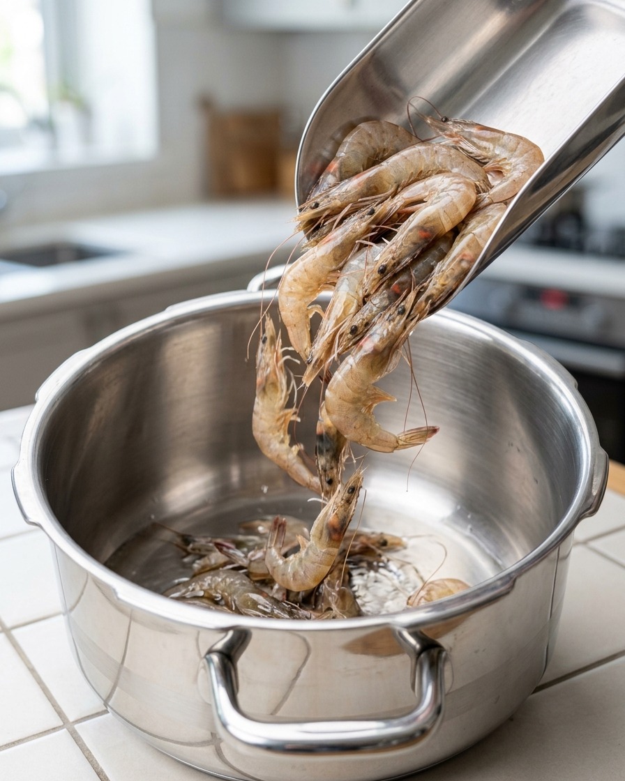 Rohe Garnelenköpfe und Schalen werden in einen Topf mit heißem Öl gegeben.