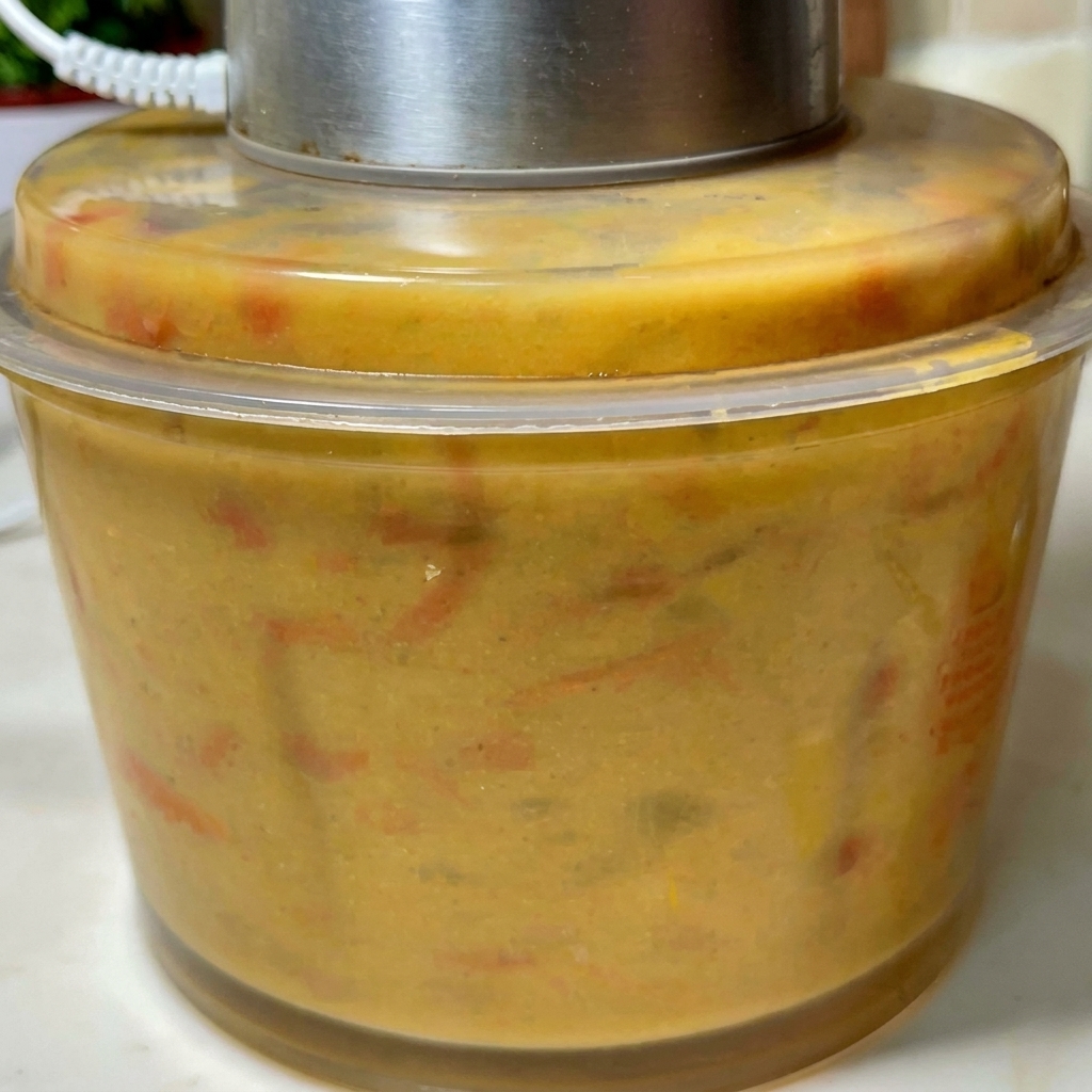 Ein Mixer enthält eine dicke, orangefarbene Garnelenmasse.